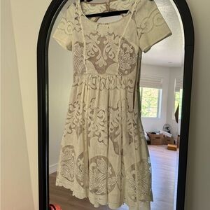 Anthropologie Cream and Brown Patterned Dress